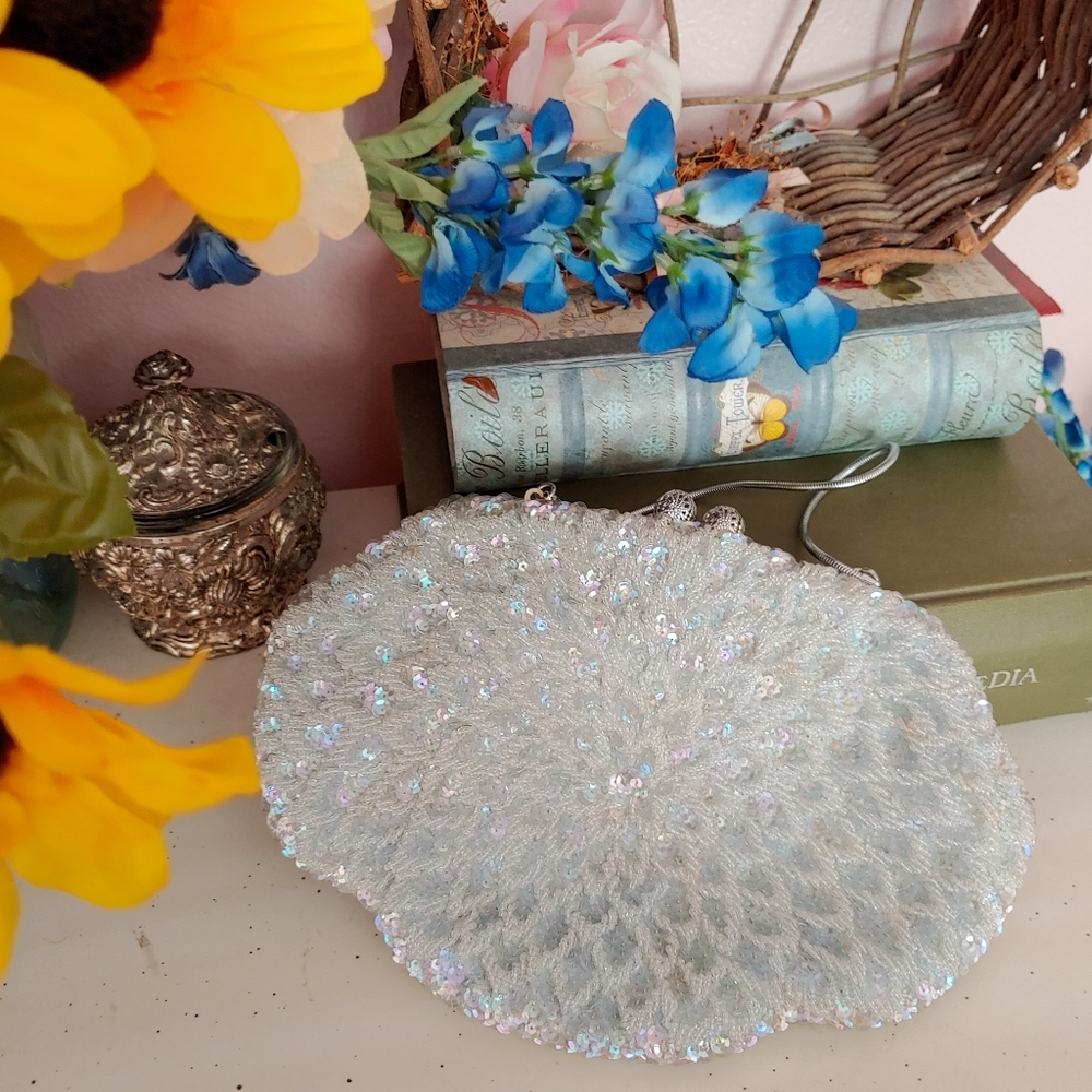 Vintage 60s Light Blue Beaded Clutch with Sequins!